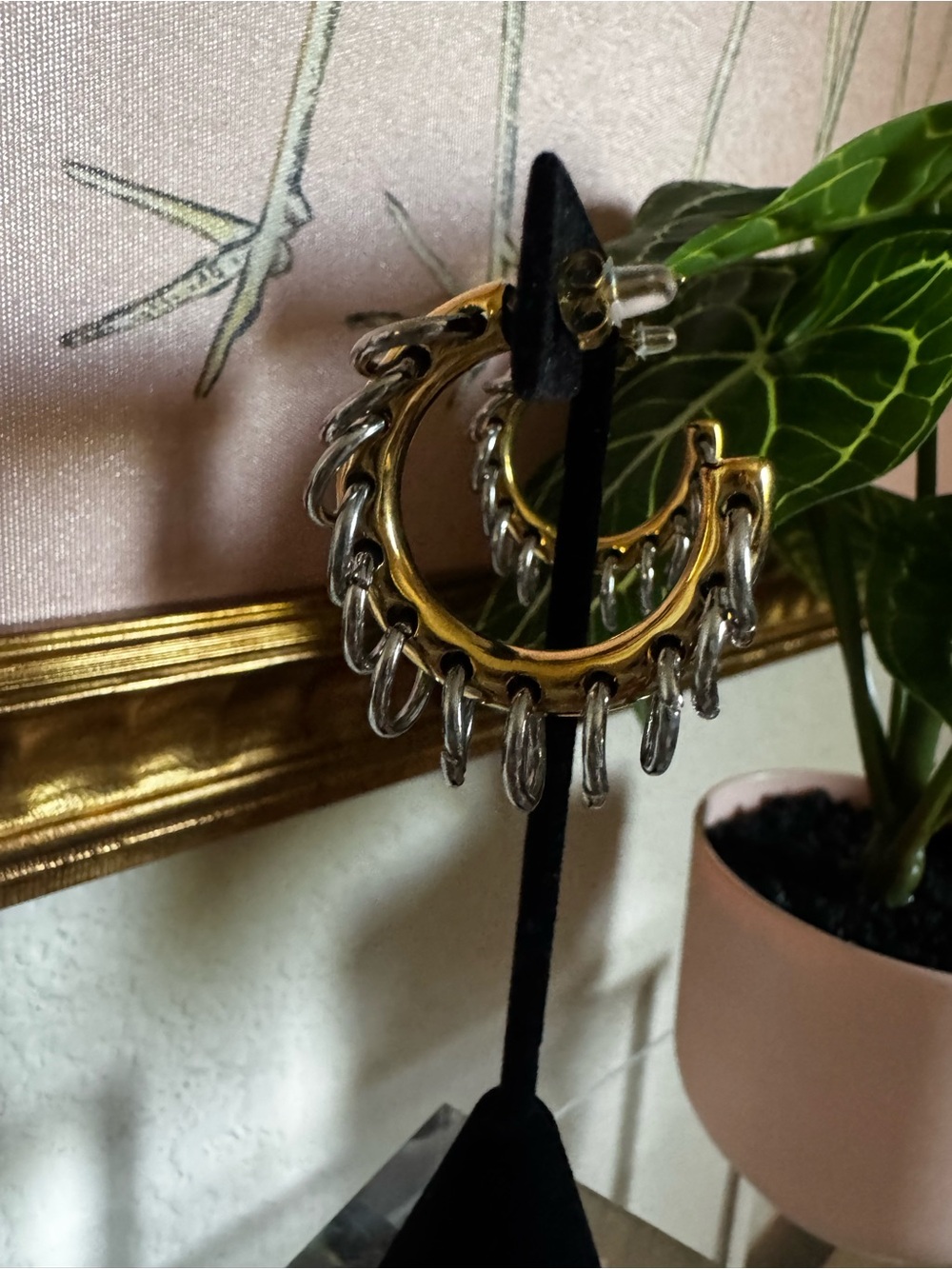 Mixed Metal Chain Fringe Hoop Earrings Gold Silver Statement Luxe Runway Style